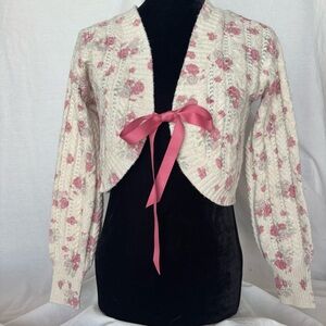 Floral Cable Knit Cropped Cardigan Tie Front Womens Small Coquette Cottagecore
